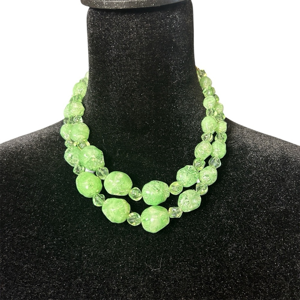 Vintage Coro Green Beaded Two Strand Necklace With Matching Clip on Earrings